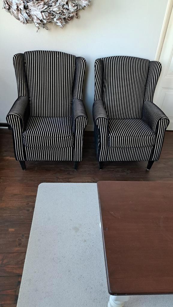 Set van 2 gestreepte oorstoelen, Huis en Inrichting, Fauteuils, Gebruikt, Stof, Minder dan 50 cm, Minder dan 75 cm, Ophalen of Verzenden