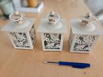 3 Beige lantaarntjes met theelichtje, Huis en Inrichting, Woonaccessoires | Kandelaars en Kaarsen, Ophalen, Gebruikt, Beige, Metaal