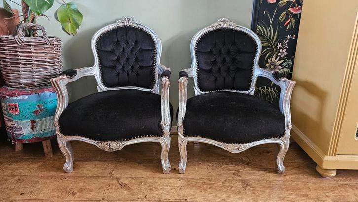 Set van 2 barok kinderstoeltjes – zwart fluweel-look, Antiek en Kunst, Antiek | Meubels | Stoelen en Banken, Ophalen