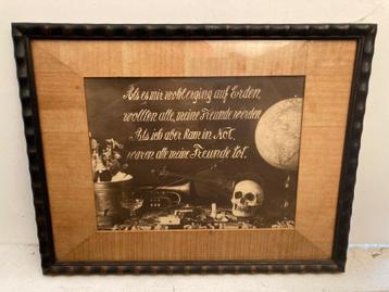 Antieke memento mori prent schedel globe Duits beschikbaar voor biedingen