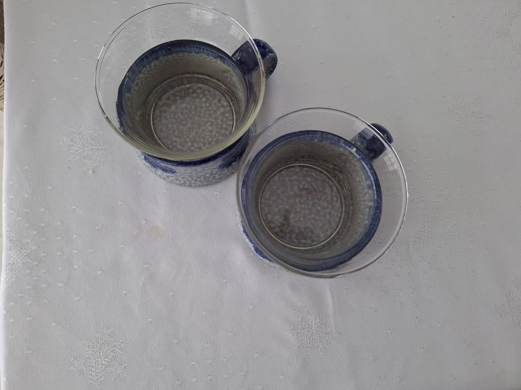 Thee glazen in kopjes, schaaltje en bierpul., Glas of Glazen, Nieuw, Ophalen of Verzenden, Glas