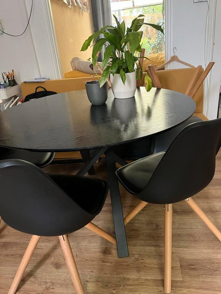 Ronde Eettafel (120cm) met 6 Stoelen, Huis en Inrichting, Stoelen, Gebruikt, Vijf, Zes of meer stoelen, Hout, Zwart, Ophalen