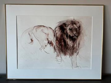 Ru van Rossem tekening bruin krijt leeuw kunst schilderij 