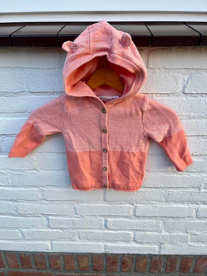 Roze gebreid baby vestje met capuchon – maat 74/80 herfst, Kinderen en Baby's, Babykleding | Maat 80, Zo goed als nieuw, Meisje