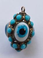 Antieke gouden hanger triple evil eye turquoise, Goud, Hanger, Ophalen of Verzenden