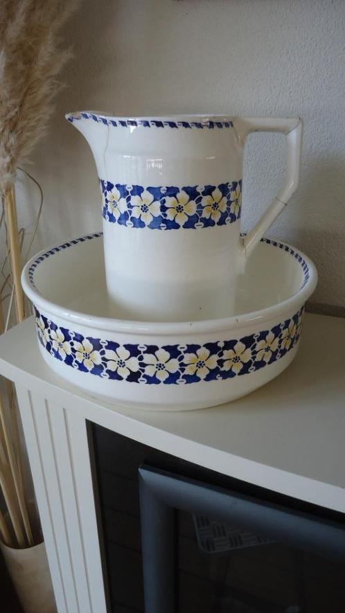 Antiek lampetstel, wit/donkerblauw en bloemetje, jaren '30, Antiek en Kunst, Curiosa en Brocante, Ophalen