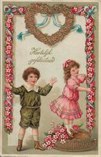 KINDEREN met bloemen, hart en mand uit 1910. Goudopdruk, Verzenden, Voor 1920, Gelopen, Kinderen