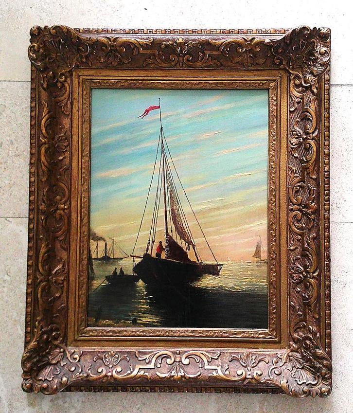 Vissersboot bij de kust - ca. 1935 - Hollandse School, Antiek en Kunst, Kunst | Schilderijen | Klassiek, Ophalen of Verzenden