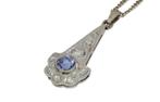 Art Deco tanzaniet diamanten 14k goud ketting hanger platina, Ophalen of Verzenden, Goud, Ketting, Met edelsteen