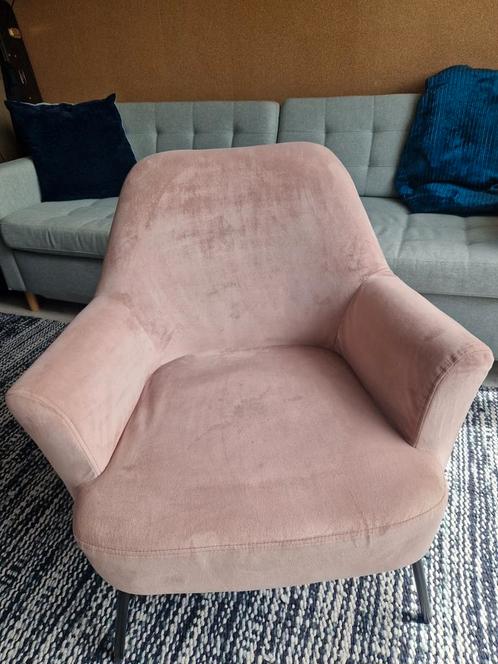 (Oud) Roze, velourse fauteuil, Huis en Inrichting, Fauteuils, Gebruikt, Metaal, Stof, 50 tot 75 cm, 75 tot 100 cm, Ophalen