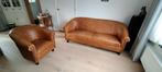Club sofa 3 zits en club fauteuil in leer kleur camel, Huis en Inrichting, 150 tot 200 cm, Leer, Zo goed als nieuw, Ophalen