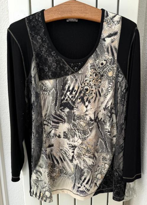 Erfo zwart/beige/goudkleurig shirt maat 46, Kleding | Dames, T-shirts, Zo goed als nieuw, Maat 46/48 (XL) of groter, Zwart, Korte mouw