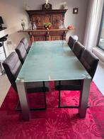 Glazen eettafel met 6 lederen stoelen, Huis en Inrichting, Tafels | Eettafels, 200 cm of meer, Vijf personen of meer, Rechthoekig