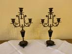 Twee brocante koperen Franse kandelaars voor 3 kaarsen, Antiek en Kunst, Ophalen of Verzenden