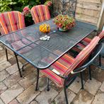 Tuintafel metaal met 4 stoelen en 4 kussens, Ophalen, Gebruikt, Tuinset, Eettafel