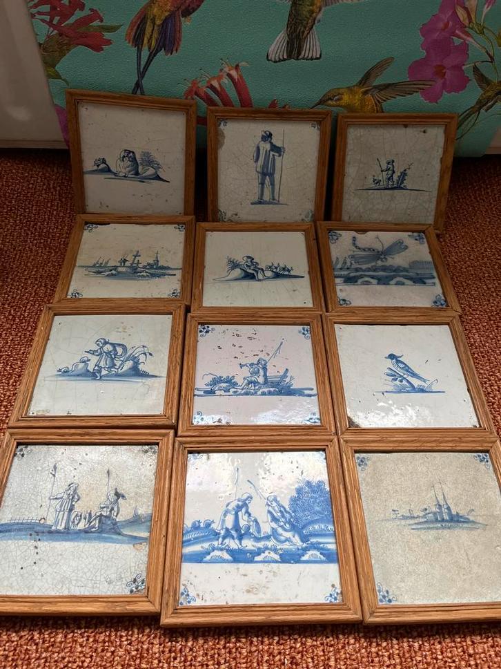 Oude Delfts Blauwe Tegeltjes Ingelijst (12 stuks), Antiek en Kunst, Antiek | Wandborden en Tegels, Ophalen