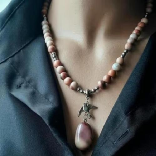 Handmade Rhodochrosiet edelsteen kralen ketting, Sieraden, Tassen en Uiterlijk, Kettingen, Steen of Mineraal, Ophalen