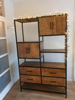 Stalen kast met mangohouten details - 120x39x180cm, Ophalen, Met deur(en), Zo goed als nieuw, Minder dan 150 cm