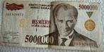 5 miljoen turkse Lira, Postzegels en Munten, Ophalen of Verzenden, Overige landen, Los biljet