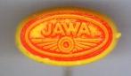 JAWA rood op geel plastic bromfiets speldje ( G_062 ), Verzenden, Zo goed als nieuw, Transport, Speldje of Pin