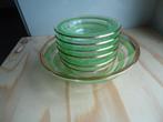 Vintage set bijzonder groen glas met goud kom + 6 schaaltjes, Verzenden, Kom(men), Overige stijlen, Glas
