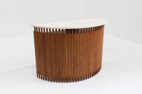Mid century Italiaanse bijzettafel console hout en travertin, Huis en Inrichting, Tafels | Bijzettafels, Zo goed als nieuw, Overige vormen