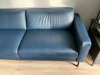 Blauwe leren bank met elektrische relaxfunctie, Ophalen, Gebruikt, Driepersoons, Rechte bank