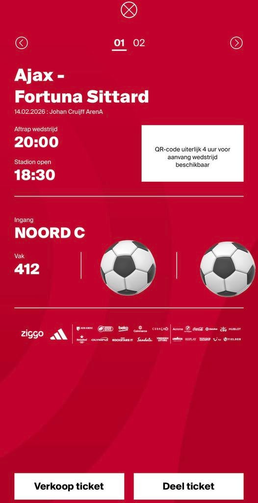 AJAX - FORTUNA SITTARD | 2 KAARTEN | VAK 412 | NOORD C, Tickets en Kaartjes, Sport | Voetbal, Eén persoon