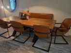 tafel met stoelen en eetbank echt leer tafel2.40 lang 1meter, 200 cm of meer, Zo goed als nieuw, Rechthoekig, 50 tot 100 cm