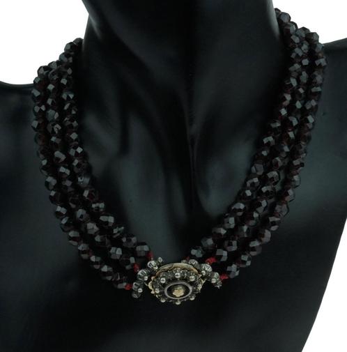 Granaten antieke 3-strengs dames ketting 14k gouden slot, Sieraden, Tassen en Uiterlijk, Antieke sieraden, Ketting, Goud, Met edelsteen