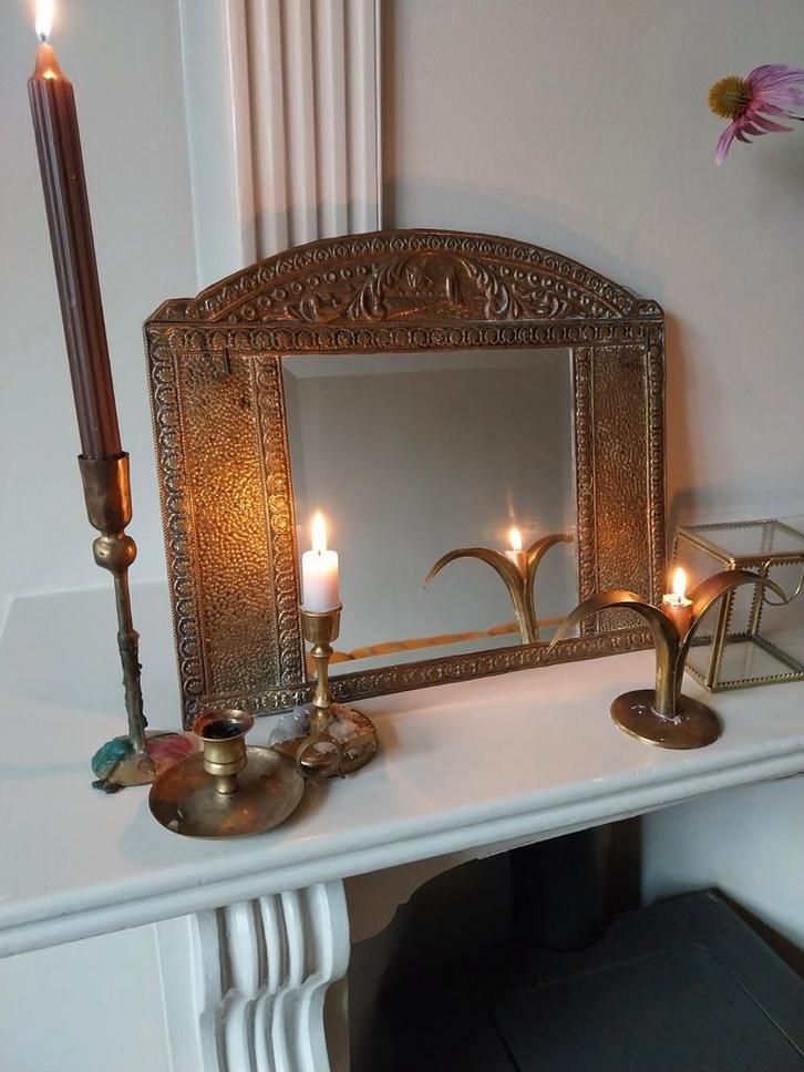 Vintage messing spiegel, Antiek en Kunst, Antiek | Spiegels, Minder dan 50 cm, Ovaal, Ophalen of Verzenden