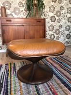 Vintage leren poef voetenbank leer cognac bruin retro, Gebruikt, Leer, Ophalen of Verzenden, Rechthoekig