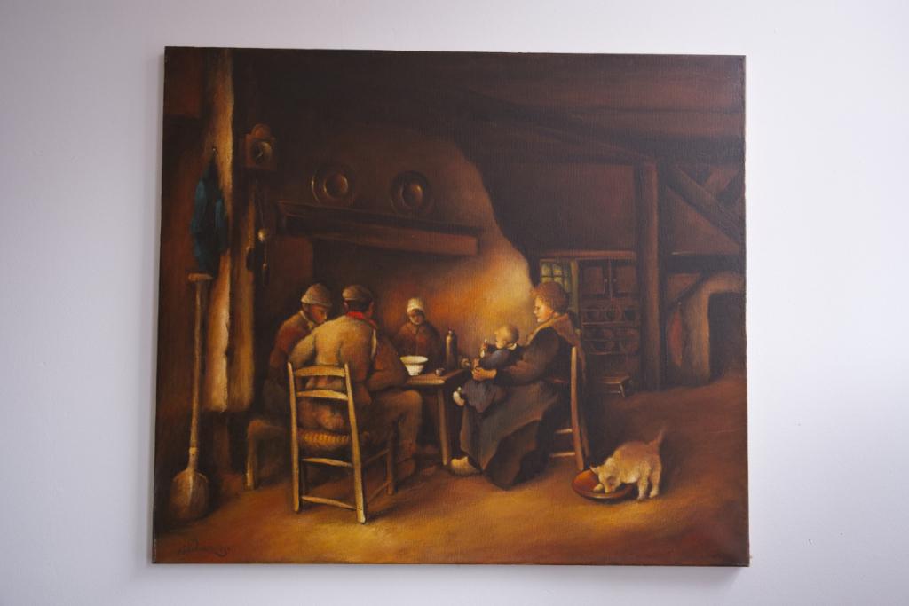 Schilderij oud Hollands gezin aan tafel, Antiek en Kunst, Kunst | Schilderijen | Klassiek, Ophalen of Verzenden