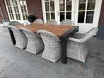 Tuinset: Tafel + 8 rieten stoelen met kussens, Tuin en Terras, Tuinsets en Loungesets, Ophalen, Gebruikt, Eettafel, Rotan