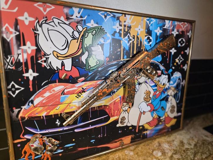 Schilderij Prestige Arts - Donald Duck met Geweer, Antiek en Kunst, Kunst | Overige Kunst, Ophalen of Verzenden