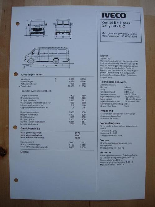 Iveco Daily 30-8 C Specificatie folder 1983 Kombi, Boeken, Auto's | Folders en Tijdschriften, Zo goed als nieuw, Ophalen