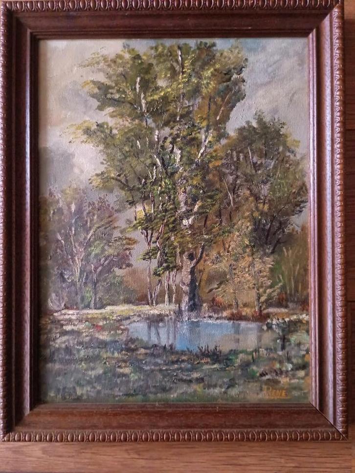 Schilderij - Landschap met bomen en water - Gesigneerd René, Antiek en Kunst, Kunst | Schilderijen | Klassiek, Ophalen of Verzenden