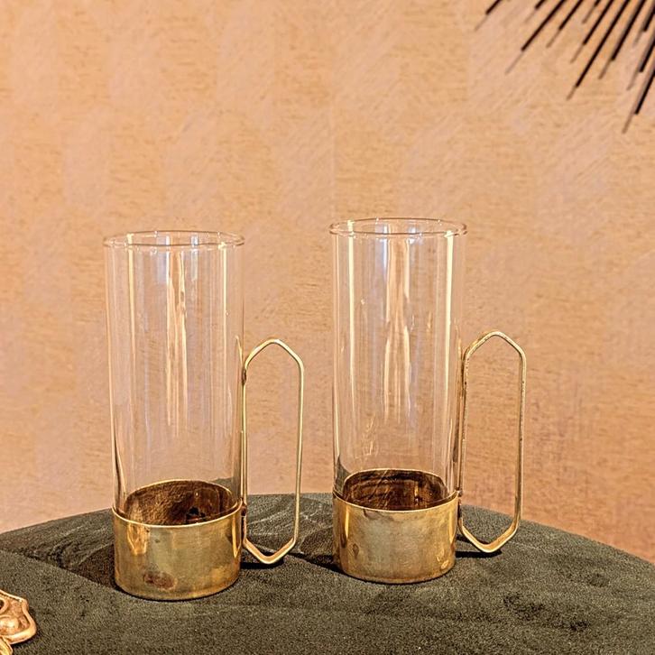 set van 2 antieke vintage theeglazen met koperen houder, Antiek en Kunst, Antiek | Goud en Zilver, Ophalen of Verzenden