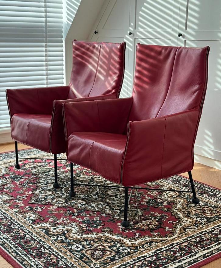 2x Montis CHARLY design fauteuils– rood leder, Huis en Inrichting, Fauteuils, Zo goed als nieuw, Leer, Metaal, 50 tot 75 cm, 75 tot 100 cm