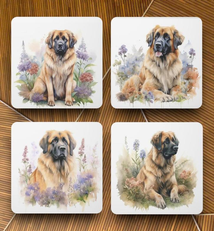 Leonberger Aquarel onderzetters met houder, Huis en Inrichting, Woonaccessoires | Onderzetters, Nieuw, Glas of Kopje, Ophalen of Verzenden