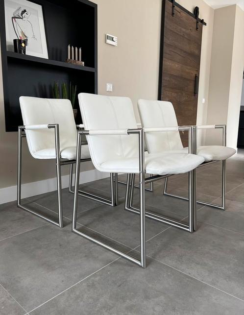 4/6 wit leder Henders & Hazel “the Frame” design stoelen., Huis en Inrichting, Stoelen, Zo goed als nieuw, Vier, Leer, Metaal