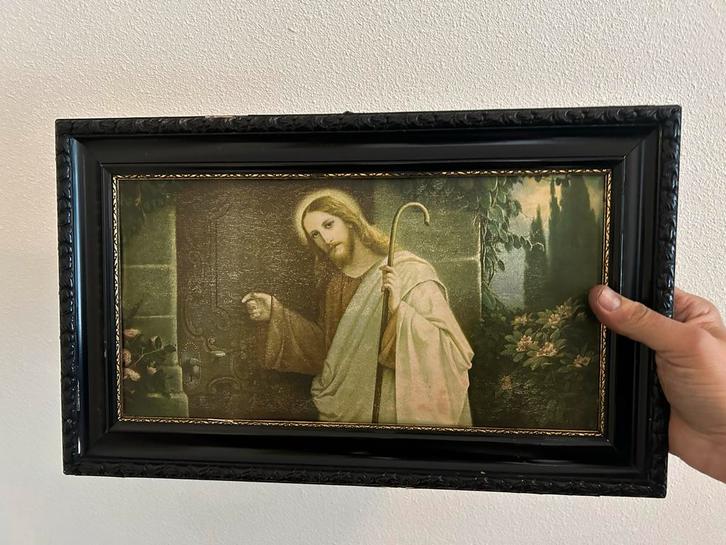 Vintage Jezus Schilderij met Zwarte Lijst, Antiek en Kunst, Kunst | Schilderijen | Klassiek, Ophalen