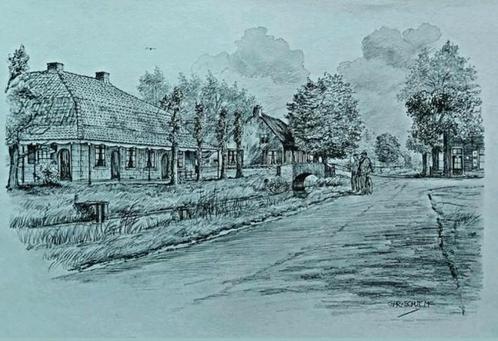 Tekening Langebroek ... "Viersprong Stenen Brug" ..., Antiek en Kunst, Kunst | Tekeningen en Foto's, Ophalen of Verzenden