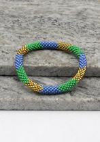 Glaskralen armband - blauw, groen en goud - RB218, Nieuw, Overige materialen, Verzenden, Overige kleuren