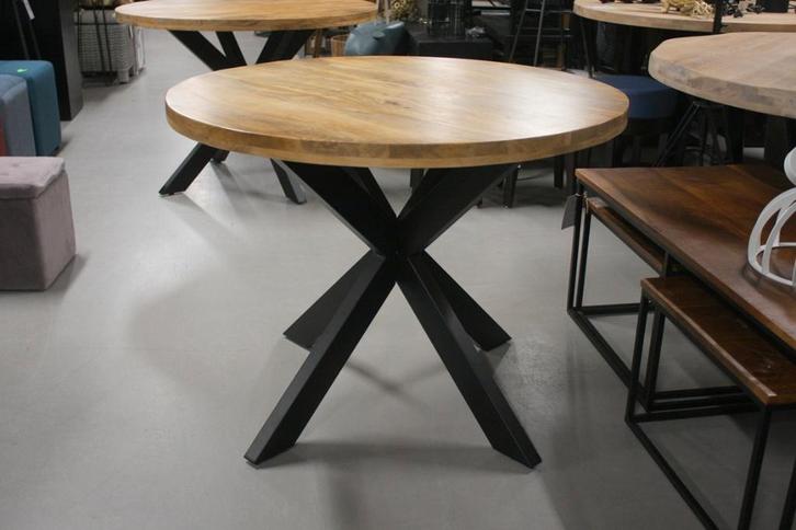 Leuke kleine ronde eettafel metaal mangohout naturel Ø100 cm, Huis en Inrichting, Tafels | Eettafels, Zo goed als nieuw, 100 tot 150 cm