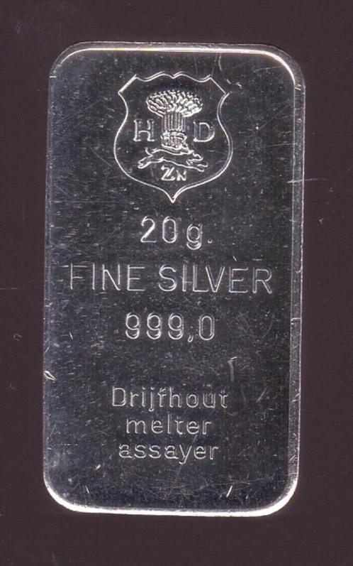 Baartje van 20 gram zilver Drijfhout, Postzegels en Munten, Edelmetalen en Baren, Zilver, Ophalen of Verzenden