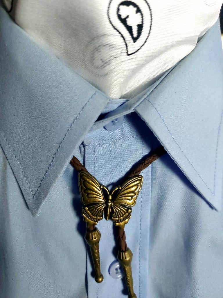 Vintage Vlinder Bolo Tie - Blauw overhemd, Effen, Blauw, Vintage, Ophalen of Verzenden