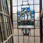 Gebrandschilderd raam met een schip en wapenschild, Antiek en Kunst, Ophalen