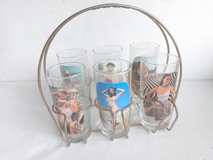 Vintage unieke Pin-up Glazen Set nog in de doos met Houder, Antiek en Kunst, Curiosa en Brocante, Ophalen of Verzenden