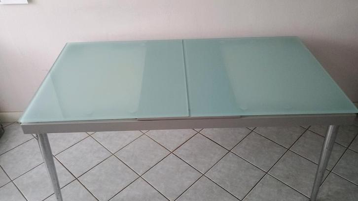 Uitschuifbare glazen tafel + optionele stoelen, Huis en Inrichting, Tafels | Eettafels, Ophalen